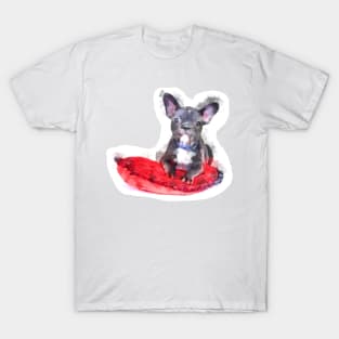 Cute Black And White Bulldog Puppy On A Red Cusion Digital Portrait T-Shirt